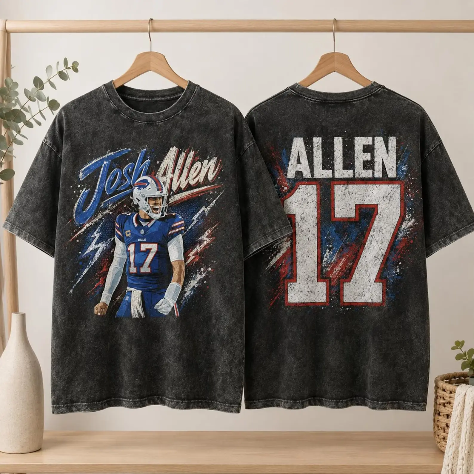 Josh Allen #17 Double Sided Lightning Graphic Custom Football T-Shirt, Washed Cotton Fan Gift Tee