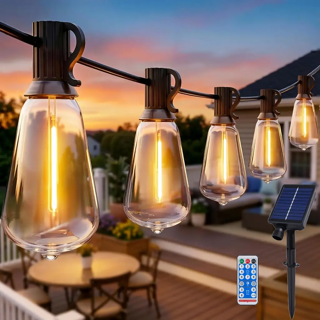 50FT LED Outdoor String Lights with Remote Waterproof Patio Lights with Shatterproof ST38 Replaceable Bulbs, Dimmable Outside Hanging Light Connectable for Porch, Backyard