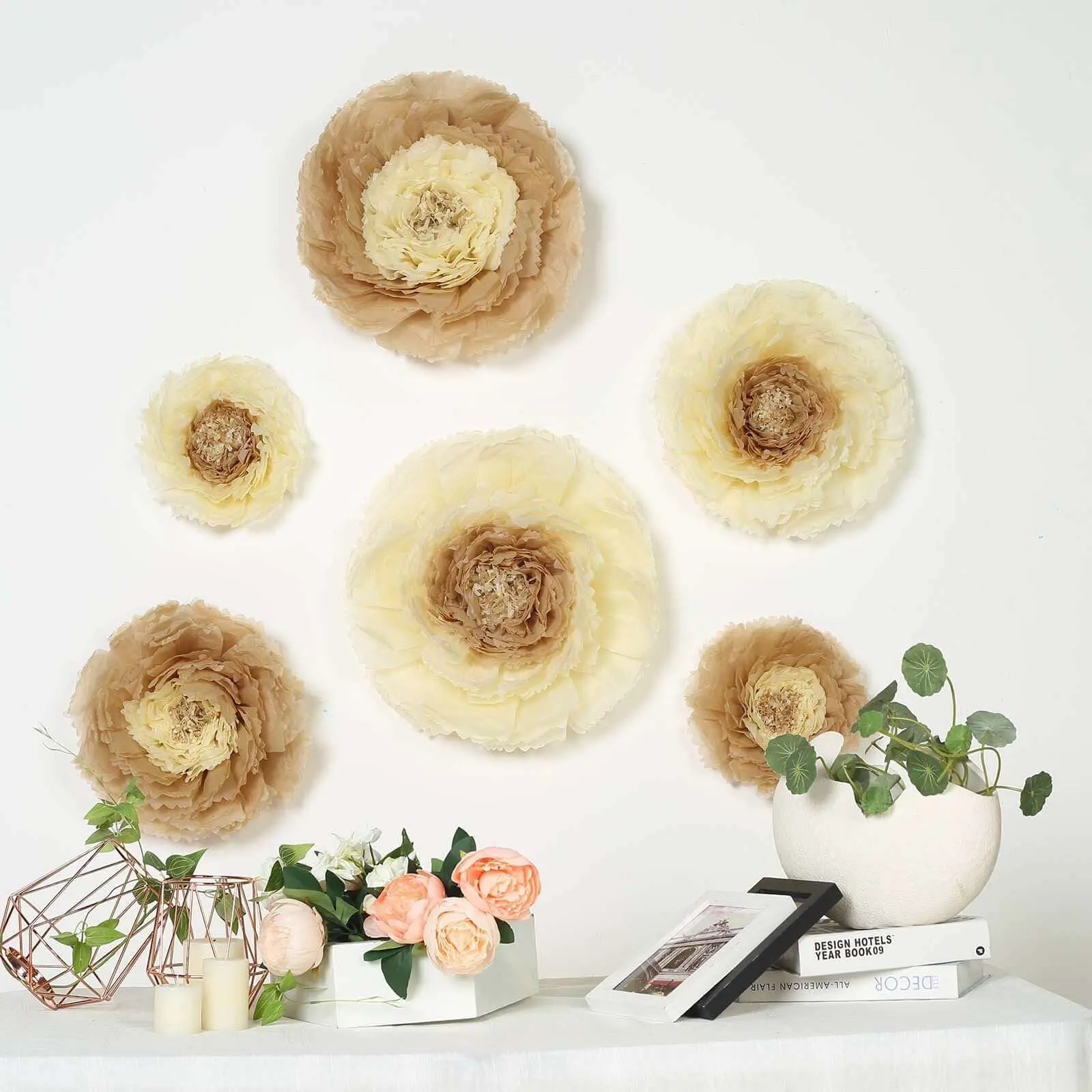 Giant Artificial Carnation-Shape 3D Paper Flowers Wall Decor Set (6 Pieces, Taupe/Natural, 12in, 16in, 20in) for DIY Crafters, Event Backdrops