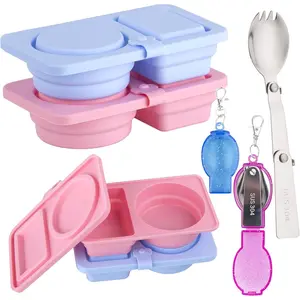Snack Containers with , 2 count  Snack Pack Containers, 2 Compartment Snack Container, Collapsible with 2 Salad Spoons for Sauces/Fruits/Ice Cream,Portable for Travel/Picnic/Office