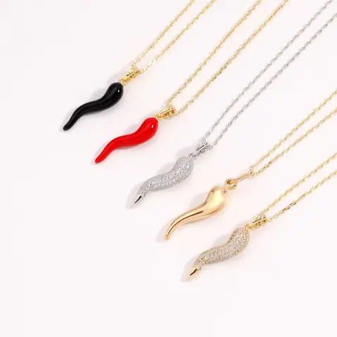 modmints Gold Plated Italian Horn Cornicello Adjustable Necklace - 16"+1"+1" (Adjustable to 18"), 27.5mm Cubic Zirconia Charm, Unisex Casual Waterproof Lucky Protection Necklace, Gift Box-Included Auspicious Sparkling Jewelry Gift for Jewelry Lovers