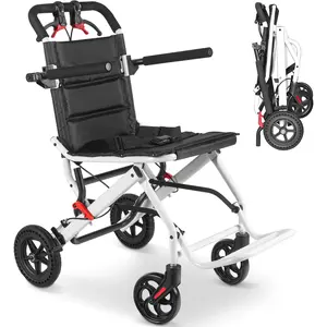 Compact Ultra-lightweight Foldable Transport Wheelchair With Handbrake, White Portable Travel Wheelchair for Adults And Seniors