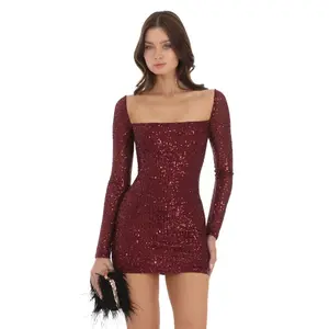 Sequin Long Sleeve Dress in Maroon