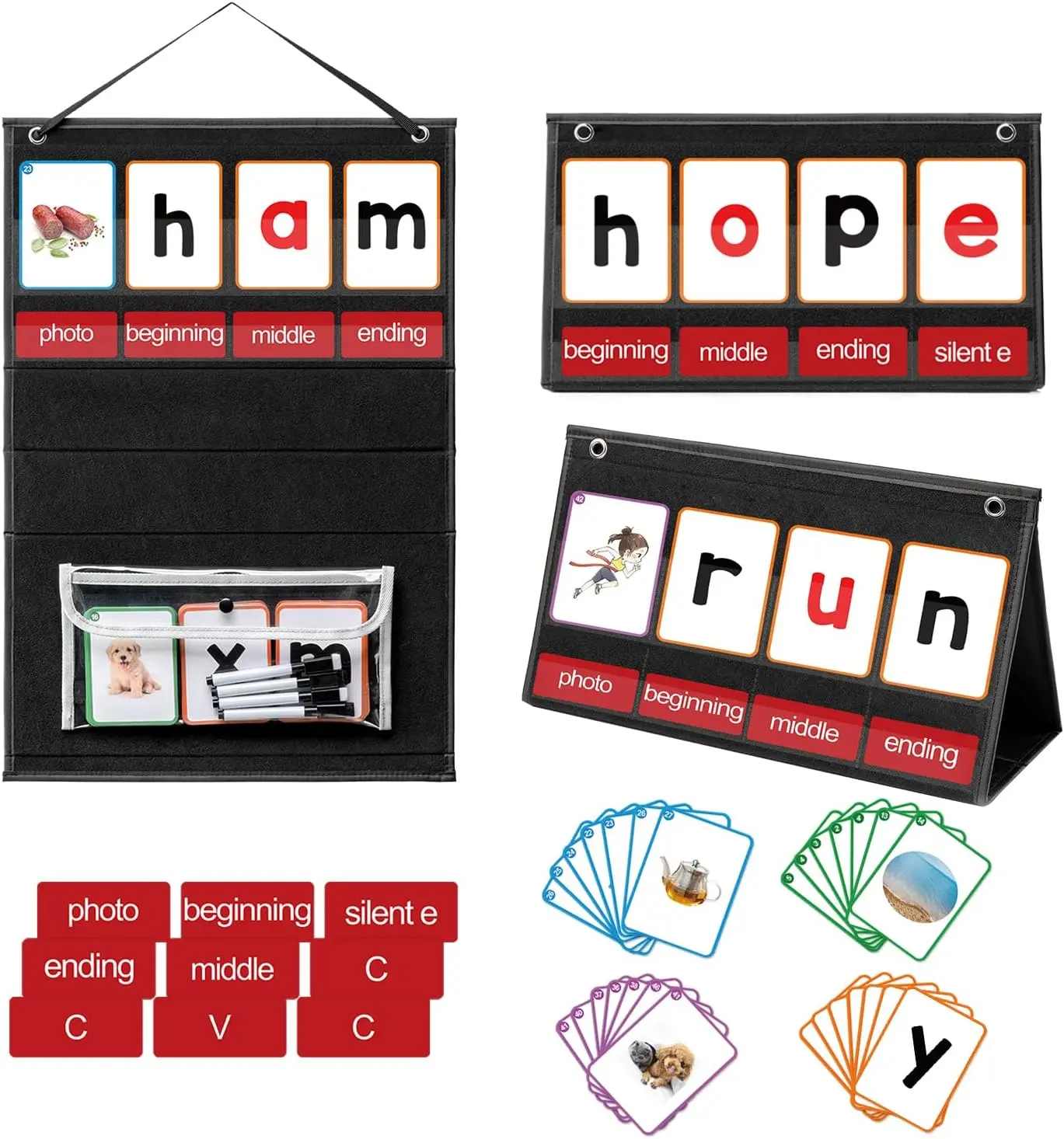 CVC Phonics Word Builder Pocket Chart with Flash Cards, Interactive Word Building Learning Tool