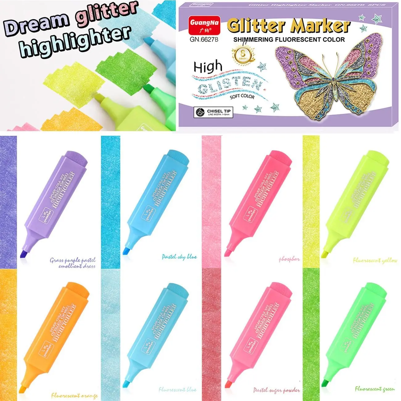 16 Colors Metallic Glitter Highlighter, Angled Tip Drawing Pen, Water-Based Marker for Drawing, Doodling, Journaling, Key Marking