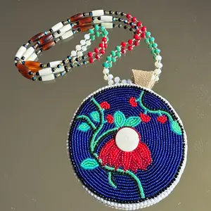 Royal Blue Ojibwe Floral Beaded Medallion Handmade Bone Bead Necklace for Elegance