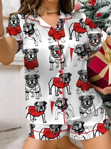 Bulldogs Football Satin Pajama Set, Pitbull Dog Football Pajamas, Women's Luxury Sleepwear,