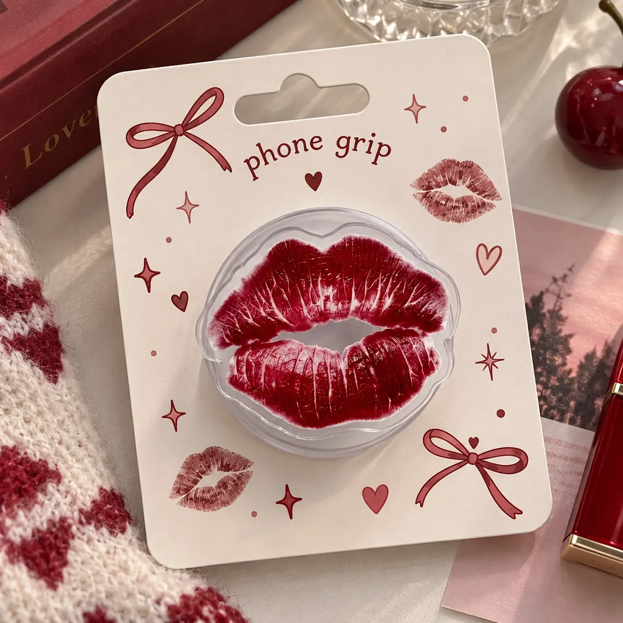 Red Kiss Lips Phone Grip, Cherry Lipstick Mark Mobile Stand, Coquette Dark Romance Acrylic Reader Holder, Makeup Lover Gift For Her