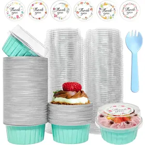 100 PCS Mini Cake Pans with Lids and 100 PCS Spoons,Aluminium Foil Baking Cups, 5 oz Disposable Baking Cups Foil Ramekins For Party Birthday Wedding Valentines (cyan blue)