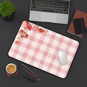 Pink gingham desk mat – Strawberry Vine, Cute Minimal aesthetic workspace