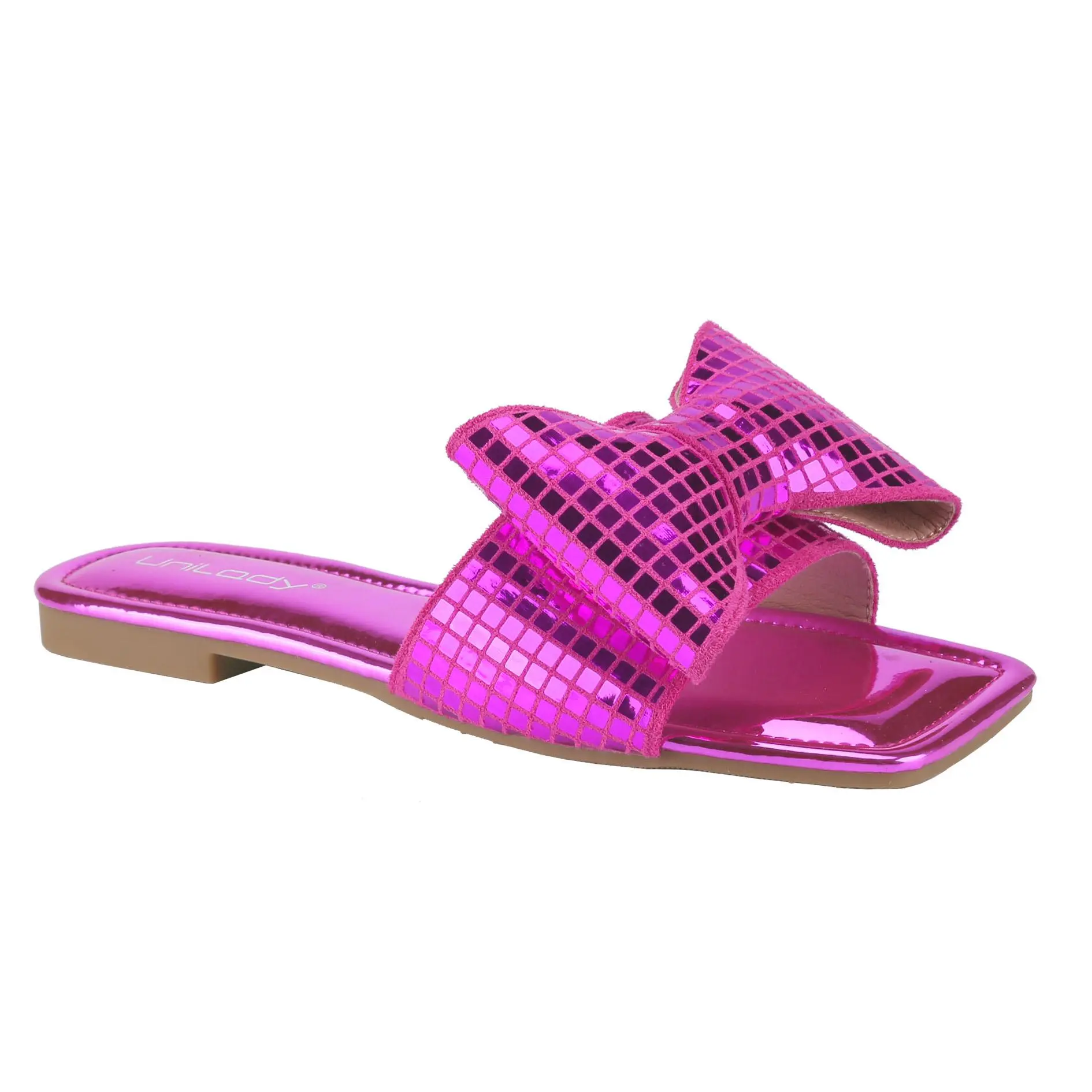 Belovely Flat Sandals Slides for Women, Bow Design, Slip-On Shoes with Padded Footbed, Active Pedal Footwear