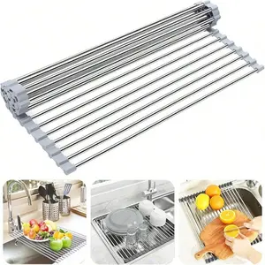 Roll Up Dish Drying Rack, Stainless Steel & Silicone Over The Sink Drain Rack, Foldable Space-Saving Dish Drainer Mat, Multipurpose Kitchen Sink Organizer for Dishes, Cups, Fruits and Vegetables, Heat Resistant Portable Anti-Slip Design for Kitchen Use