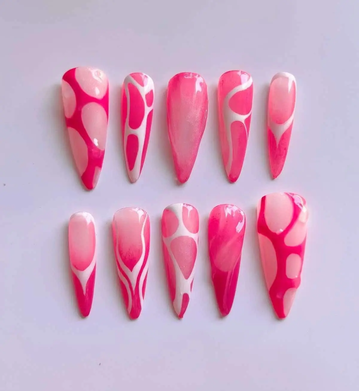 Cyber Barbie Pink Y2K Press-On Nails  | Glossy Swirl Bubble Nails | FREE Adhesive Tabs FREE Nail File FREE Cuticle Stick