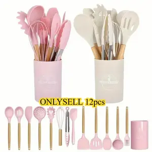 Silicone Kitchen Utensils Set, 12-Piece Non-Stick Cooking Utensils Set with Wooden Handle, Kitchen Cooking Utensils Set for Home Use, Silicone Spatula Set