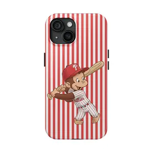 Curious George Baseball Phone Case – Baseball Red Striped Monkey Batter Cover – Cute Monekey Cosplay Philly Sports FanCase for iPhone 17 16 15 14 Pro Max 13 12 11 XR XS E Plus Shockproof Drop Protection Durable PC Smartphone Cover Silicone Protective