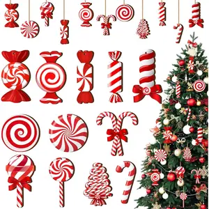 Christmas Candy  Ornaments Set, 24 count Double-Sided Printing Christmas Ornament for Xmas Tree Decoration Wooden  Peppermint Candy Cane Ball Pendants for  Year  Decor (Red White)