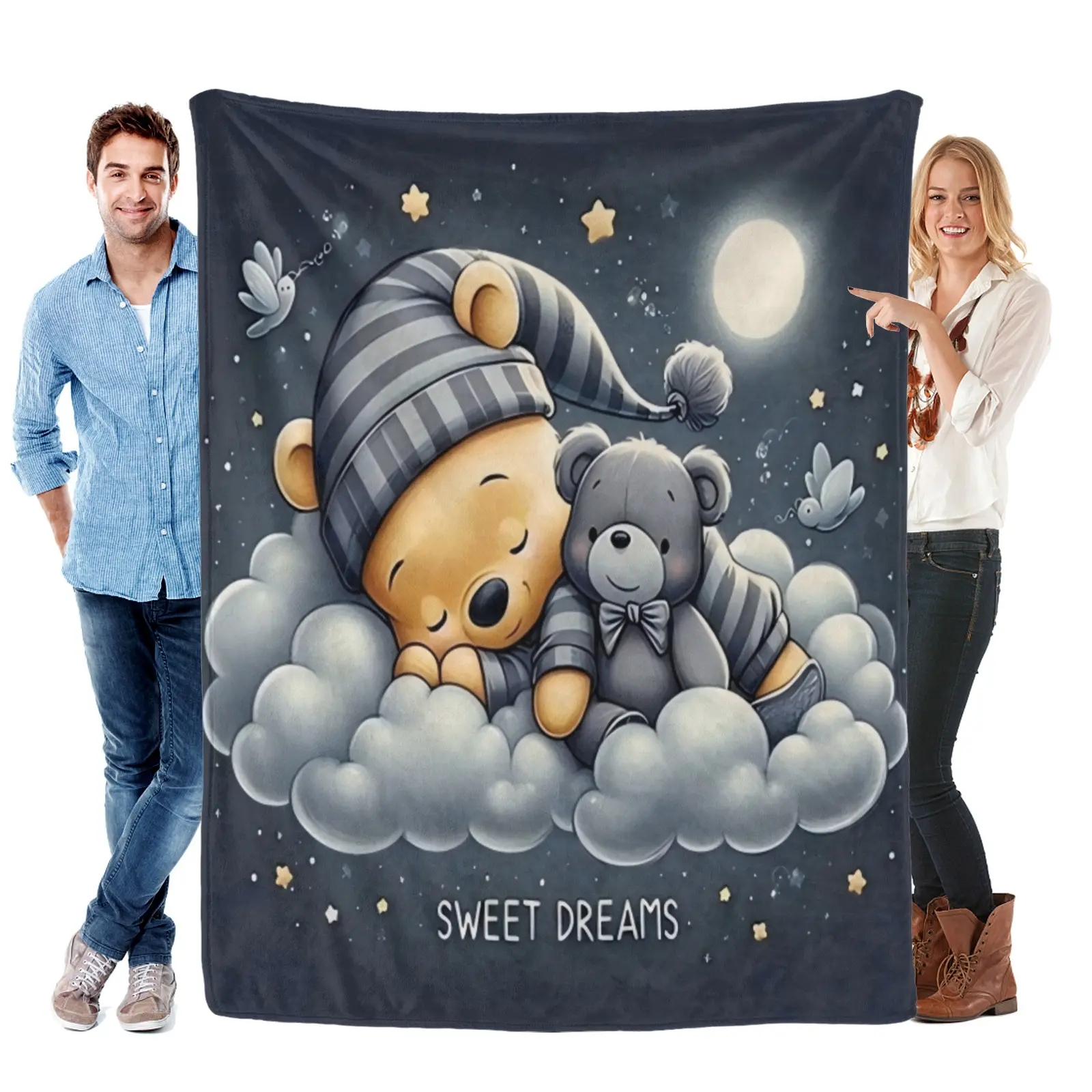 Little Bear Print Flannel Blanket, Warm and Comfortable, Ideal for Office, Nap, Room Decor, Travel, Camping, Sofa Bed, Gift