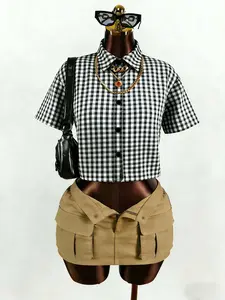 tiktokshopspringglowup Viral Gingham umbilical plaid top paired with work pants mini skirt 🖤  Y2K streetwear, checkered button down shirt, low waist practical skirt, summer out fashion, casual daily wear