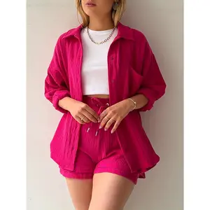 Chic Textured Lounge Set - Soft Polyester-Spandex Blend, Lapel Collar Long Sleeve Shirt, High Waist Drawstring Shorts, Solid Color, Casual Chic Home Wear for Spring, Summer, Fall, Comfortable, Breathable, Relaxed Fit, Perfect for Lounging Around
