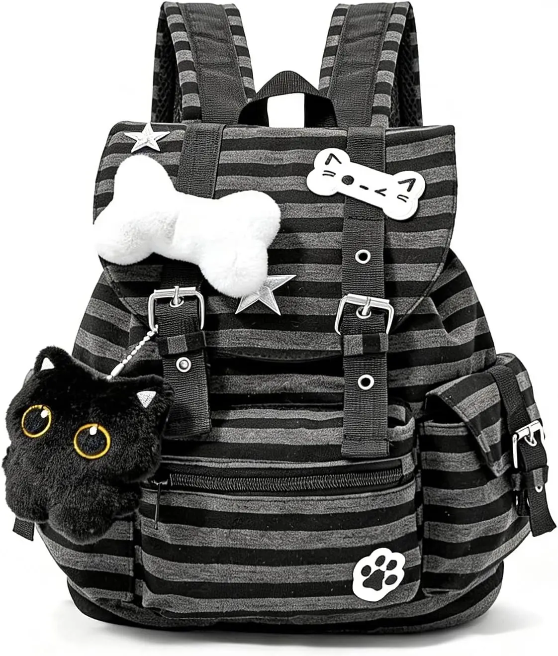 Y2K Striped Backpack, Kawaii Coquette Aesthetic Daypack with Cat Charm, Cute Preppy Laptop Backpack for College & Travel