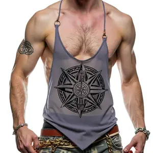INCERUN Men's Sexy See-Through Mesh Tank Top Compass Print O-Ring Strap Asymmetric Vest for Club Rave Party (Unisex)
