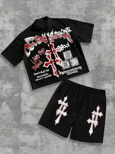 Men's Gothic Cross Graffiti Two-Piece Zipper Set, Breathable Cotton Blend, Y2K Grunge Style, Casual Daily Wear, Music Festivals