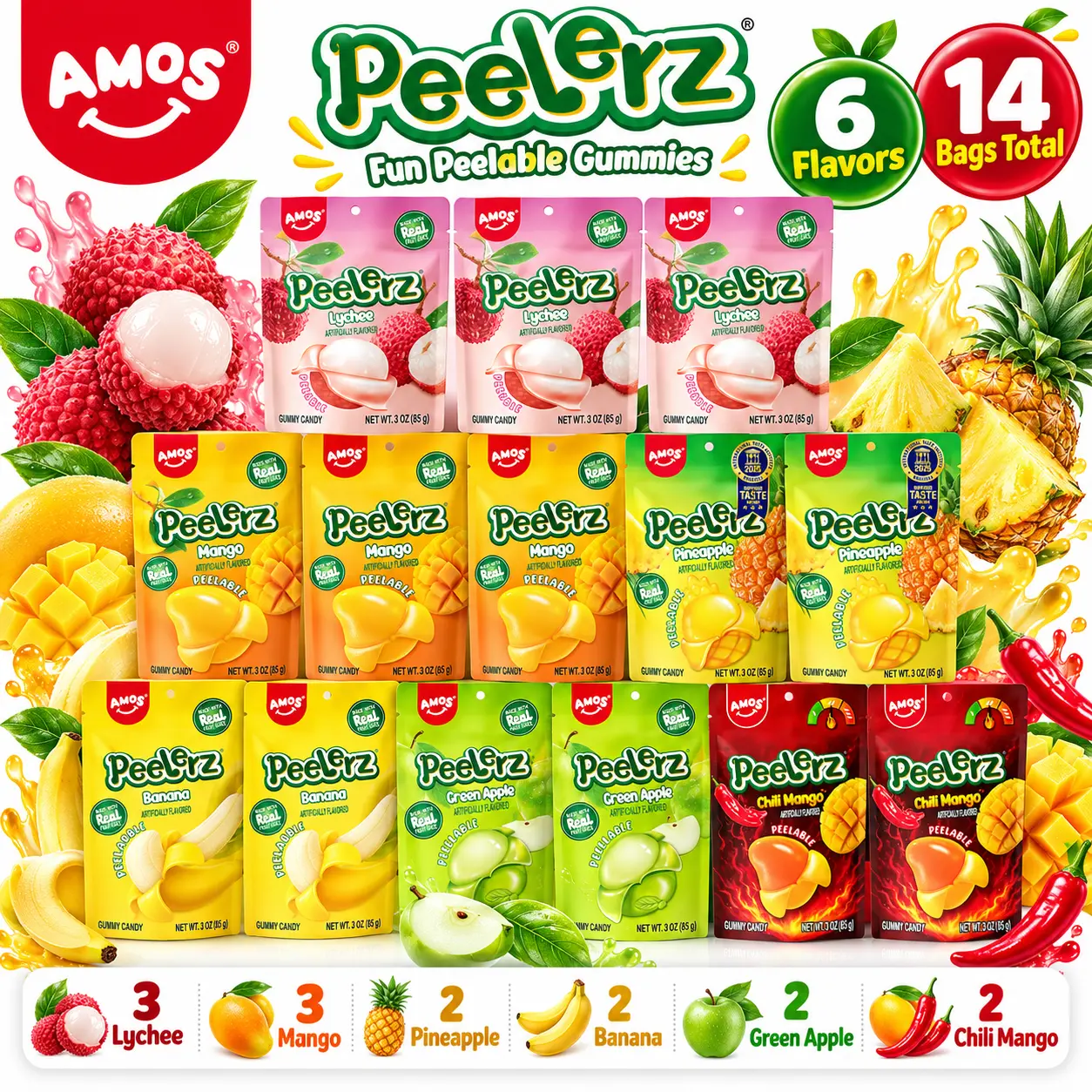 AMOS Peelerz Peelable Gummy Candy Variety Pack, 14 Bags, 6 Fruity Flavors: Lychee, Mango, Pineapple, Banana, Green Apple & Chili Mango, Fun Chewy Snacks