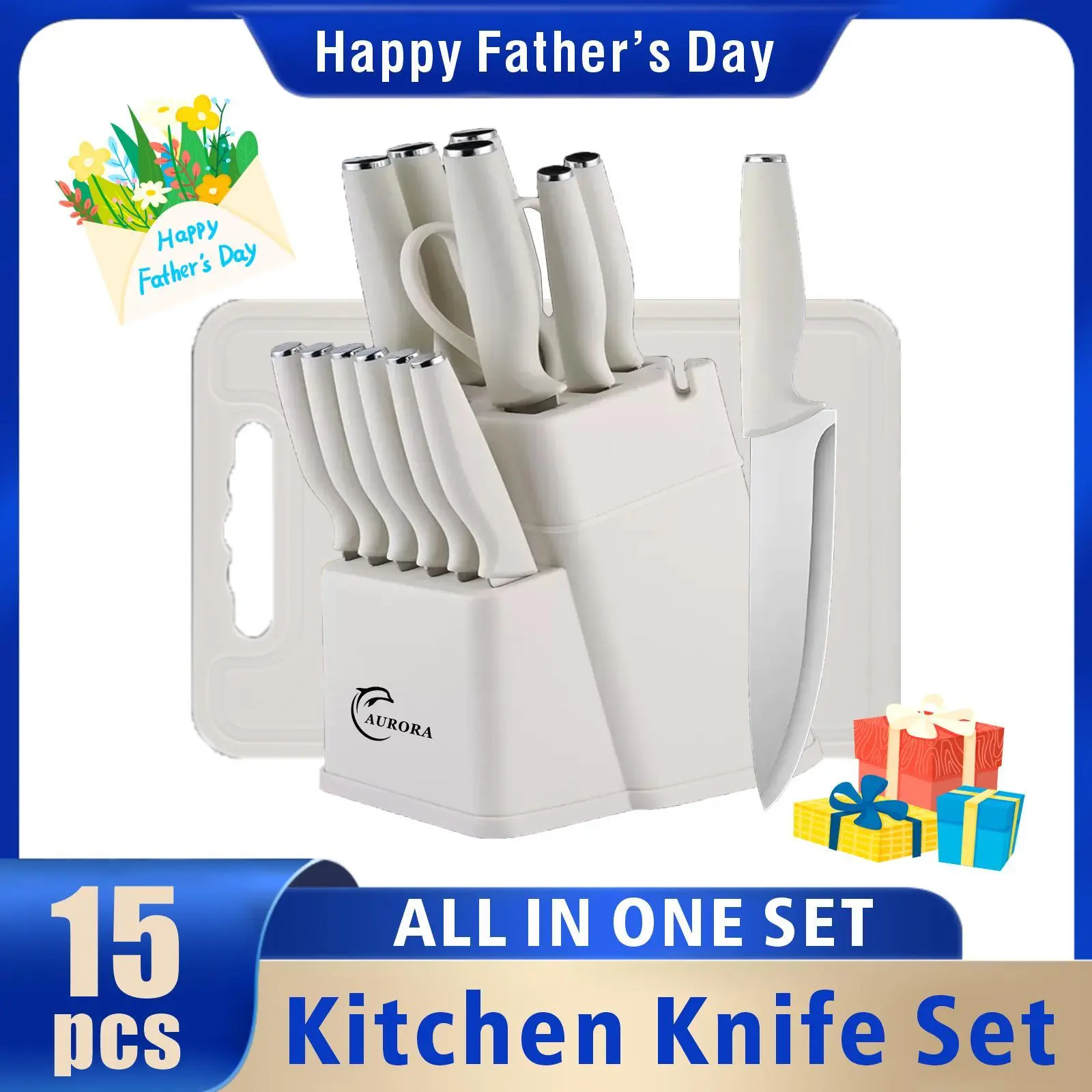 XBJ 15-Piece Stainless Steel Kitchen Knife Block Set with Built-In Sharpening Tool, 6-Piece Utensils, Blush Pink Serrated Edge Blades & Kitchenware Organizer, Knives