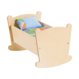Kaplan Early Learning Wooden Doll Cradle with Pillow and Blanket for Role Playing, Bedding Styles May Vary