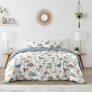 Sweet Jojo Designs Watercolor Dinosaur Dino Boy Queen Comforter Set Full Size Bedding Kids Teen Adult Bed Room 3p Green Slate Blue White Modern Dinosaurs Jurassic Nature Animal Steel Turquoise Yellow