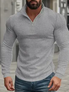 Men's Casual Loose-Fit Jacquard Pullover Long Sleeve Sweatshirt, Stand Collar Half-Zipper Design, Perfect for Fall & Winter Seasons, Menswear Tops
