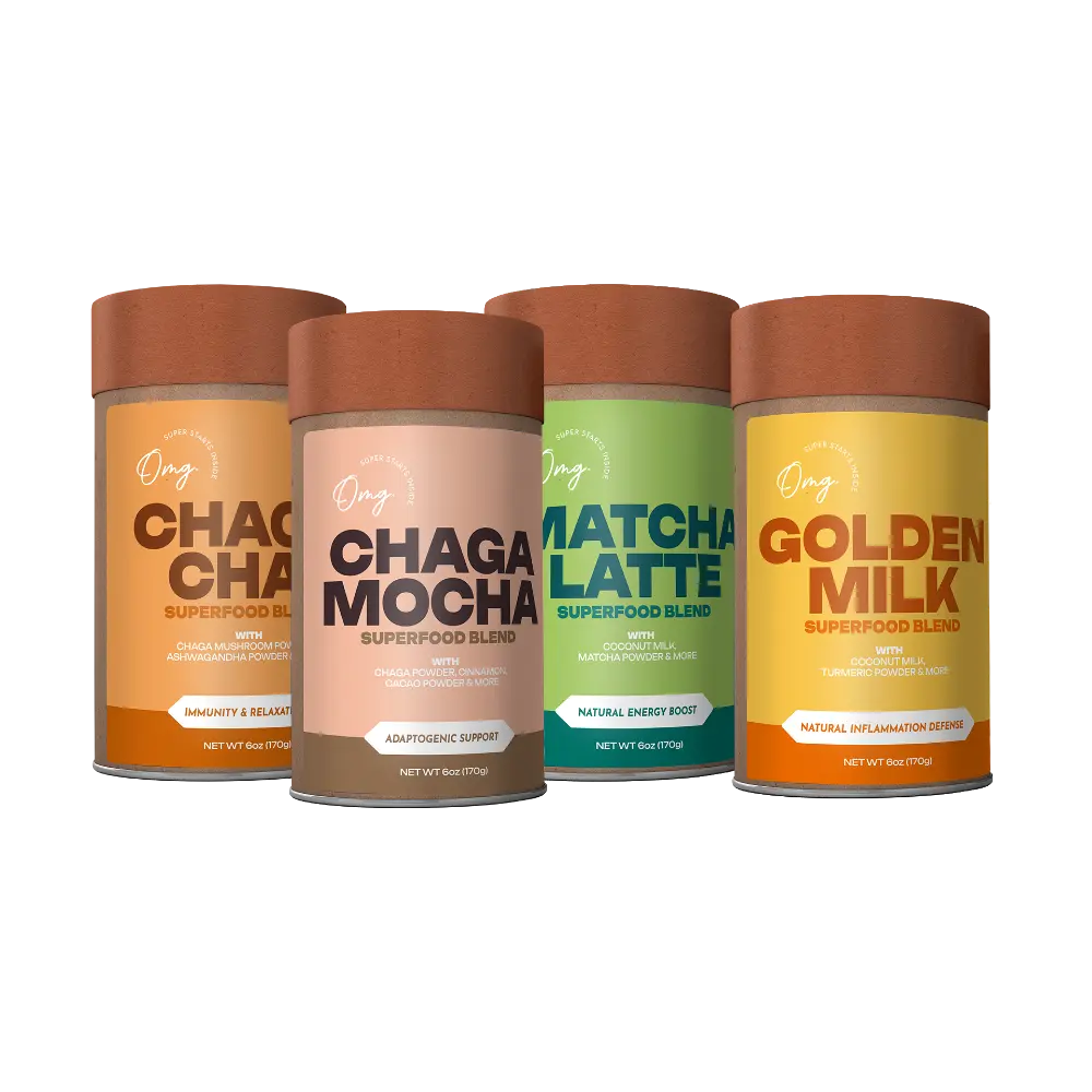 4-Pack Bundle: Organic Chaga Chai (Tea), Organic Chaga Mocha, Organic Golden Milk, & Organic Matcha Latte - Natural Creamy Lattes Perfect for Everyday Beverage - Dietary & Healthcare
