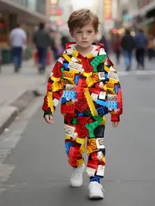 Boys' Sports Set with 3D Colorful Building Block Geometric Pattern Hoodie and Pants, Comfortable Athletic Casual Wear for Children, Perfect for Holiday Parties