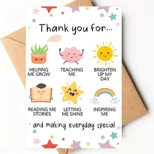 1 Piece "Thank You For..." Gratitude Card, Greeting Card, Custom Message Card, Cute Personified Illustrations (Plant, Sun), Heartwarming Messages, Starry Design, Premium Paper + Kraft Envelope, Perfect Gift for Mentors/Friends, A Sentimental Keepsake