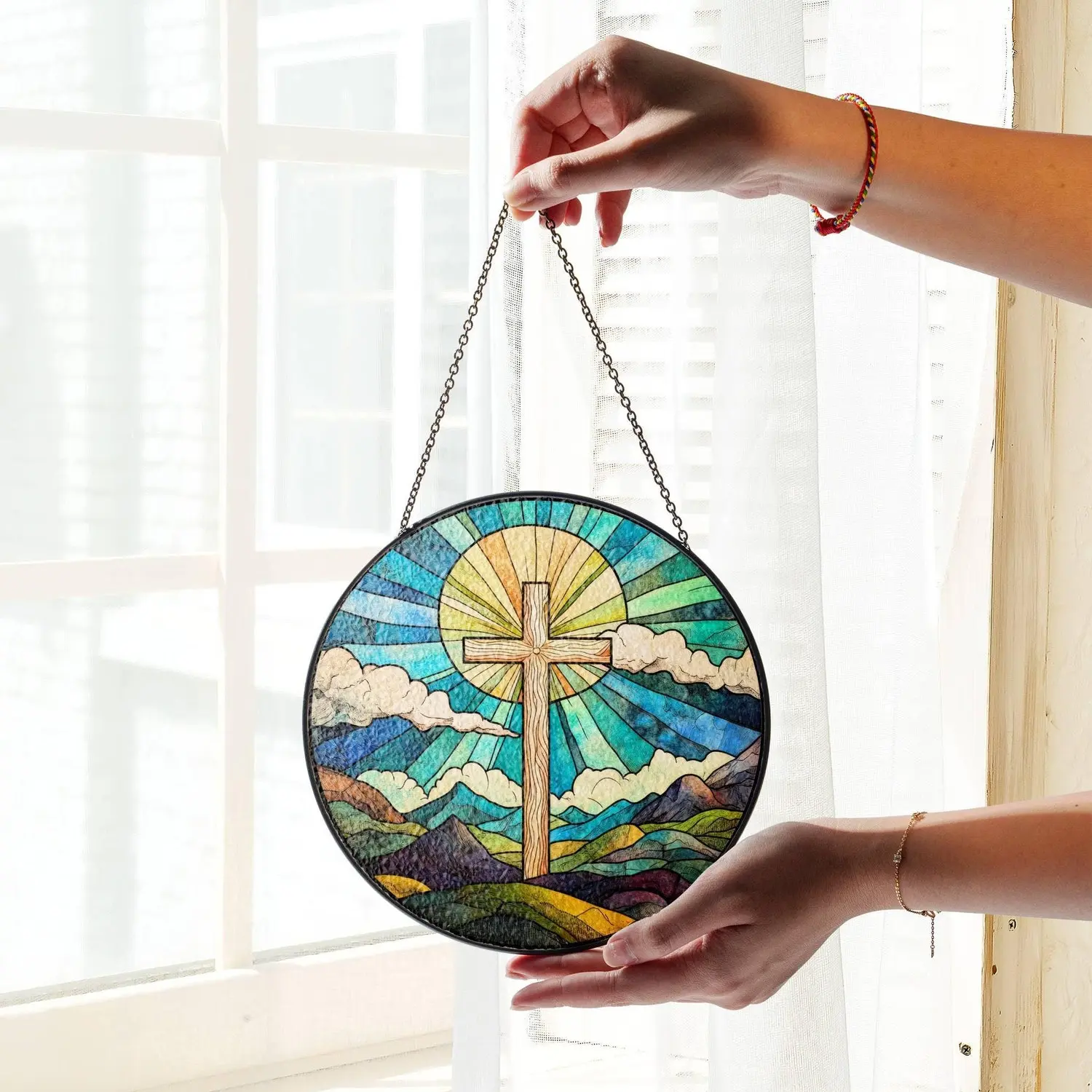 Christian Cross Stained Glass SunCatcher Christian Art Light Catcher Window Hanging Jesus Home Decor