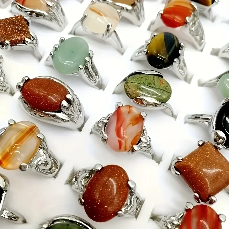 50-Pcs Unisex Vintage Stone-Inlay Glam Alloy Rings with Natural Gemstones, Gift-Ready Variety Mixed Styles Finger Accessories for Everyday Wear & Festive Parties, Party Supplies Gifts