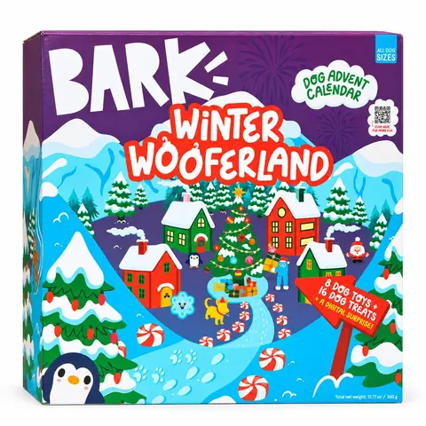 BARK Winter Wooferland Dog Advent Calendar - 24 Days, 8 Plush Squeaky Toys, 16 Treats, Colorful Box, Daily Surprise, Entertainment & Joyful Fun Holiday Gift for All Sizes Dogs