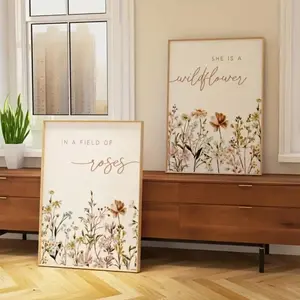 2pcs Frameless Wildflower Garden Floral Plant Quote Wall Art Aesthetic Design Canvas Print Poster Picture, Home Decor for Living Room Bedroom