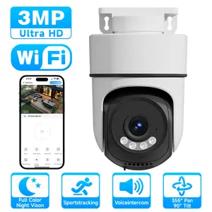 【WiFi 3MP FHD Home Smart Security Camera】WiFi Connection, USB Cable Included, Plug-in Power Required (Not Included), Color Night Vision, Motion Detection, 360° PTZ Panorama, Two-Way Audio, Siren Alarm, SD/Cloud Storage (Optional)