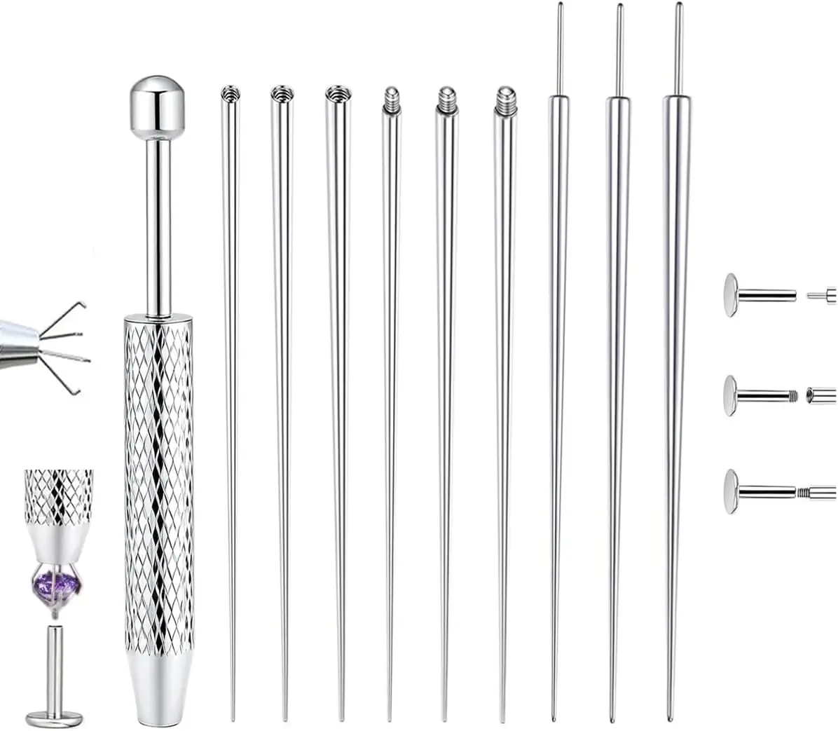 Professional Body Jewelry Insertion Taper Tool - 14G 16G 18G 20G Stainless Steel Flat Back Earrings Applicator, Threadless Insertion Pin & Threaded Ball Grabber Kit for Ear, Nose, Lip Piercing Jewel