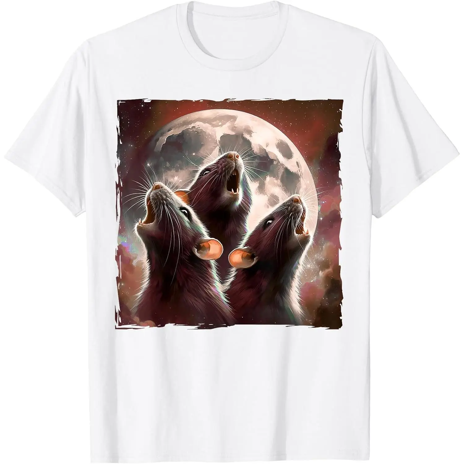 Unisex 100% Cotton 3 Rats Moon 3-Head Rat Funny Meme Crewneck T-Shirt, Men's/Women's White Streetwear Classic Top