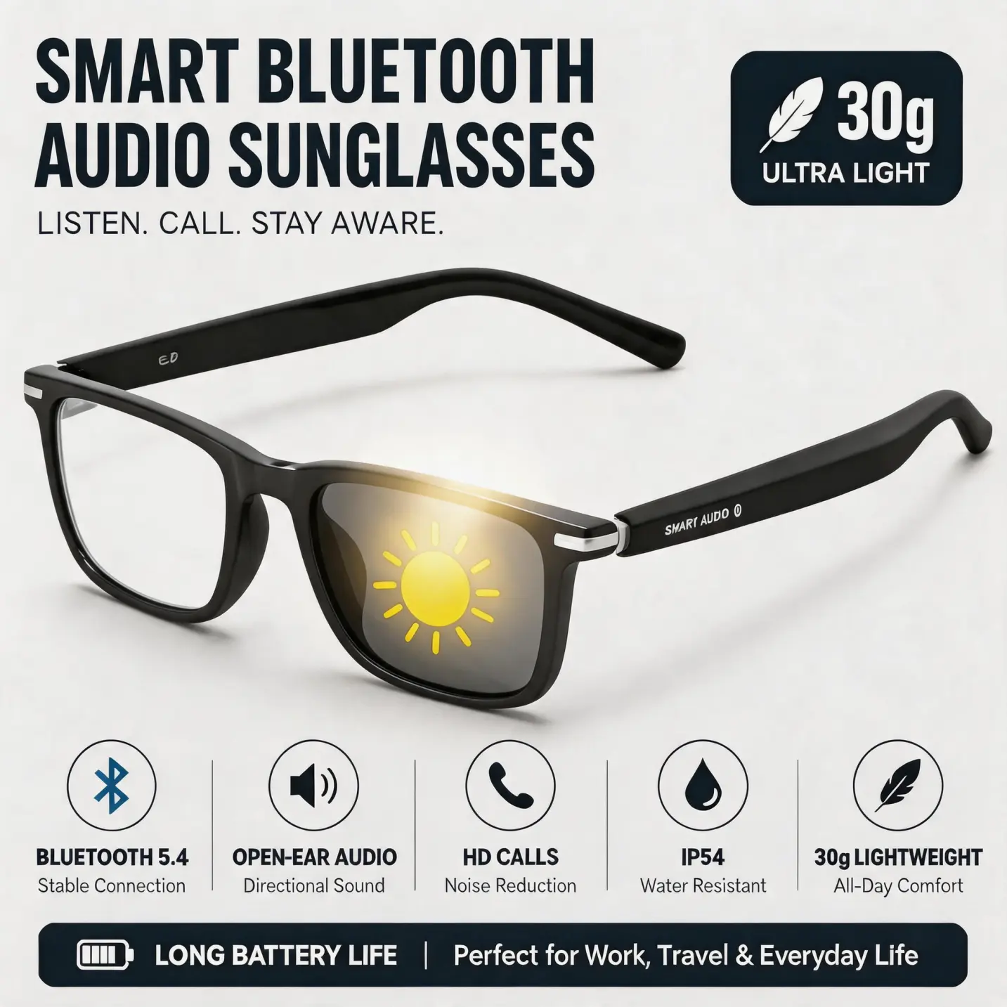 Wireless Smart Glasses with Mic, Bluetooth Audio Smart Glasses, No Camera, Hands-Free Call & Music, Transparent Lenses, Daily Wearable Tech Glasses