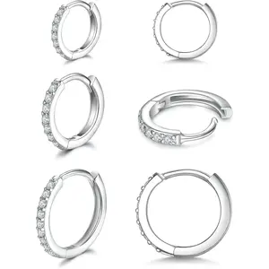 925 Sterling Silver Small Hoop Earrings Cubic Zirconia Huggie Hoop Earrings, 3 Pairs 14K White Gold Plated Cartilage Piercing Earrings Ear Cuff Tiny Hoop Earrings for Women Men jewelry