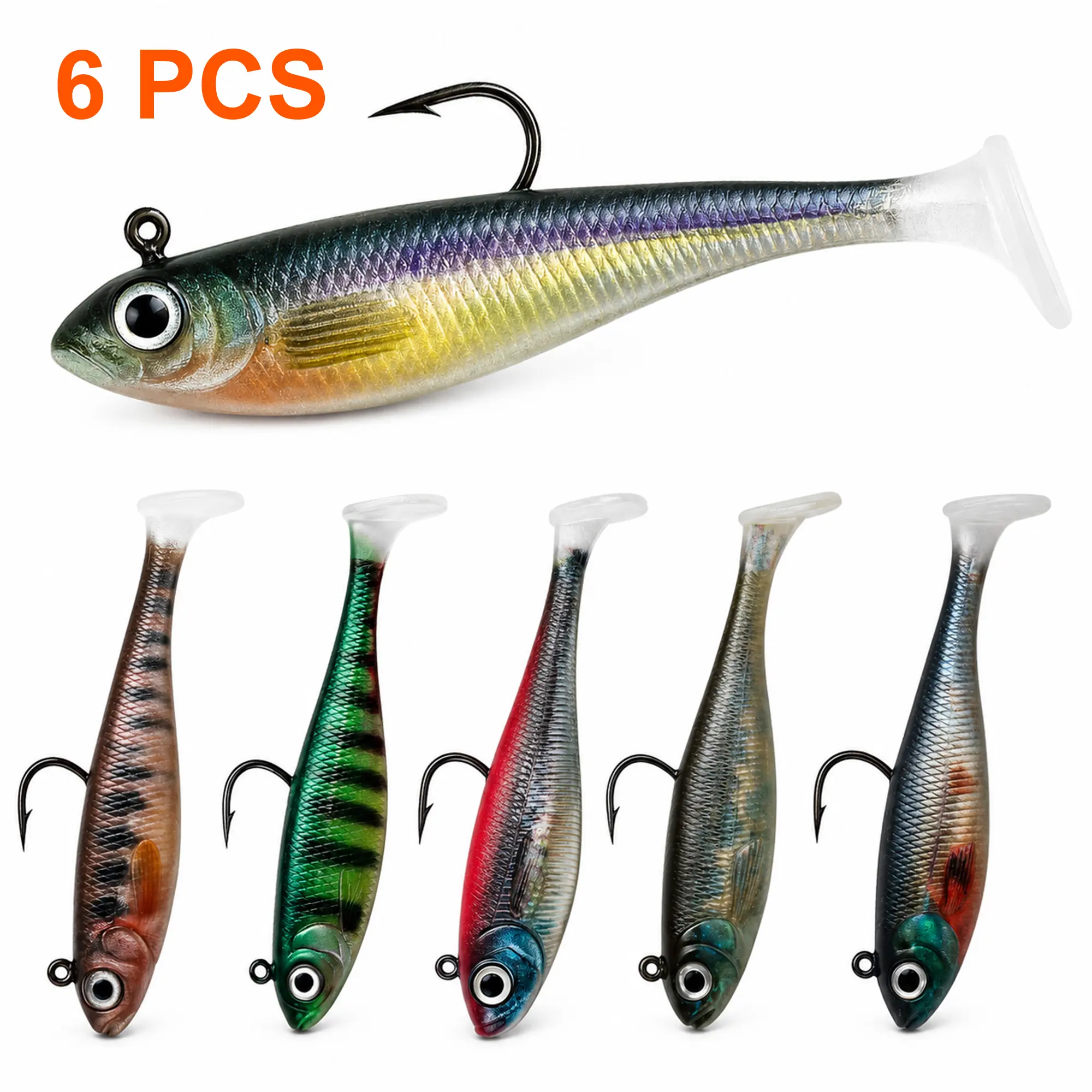 Bombrooster 6PCS Plastic Soft Paddle Tail Swimbaits - Pre-Rigged Artificial Fishing Lures with Jig Heads, 3D Prism Eyes, Realistic Multicolor, Lifelike Insect Texture for Bass, Trout in Freshwater, Saltwater, Artificial Fishing Lure, Soft Plastic, Muddy,,