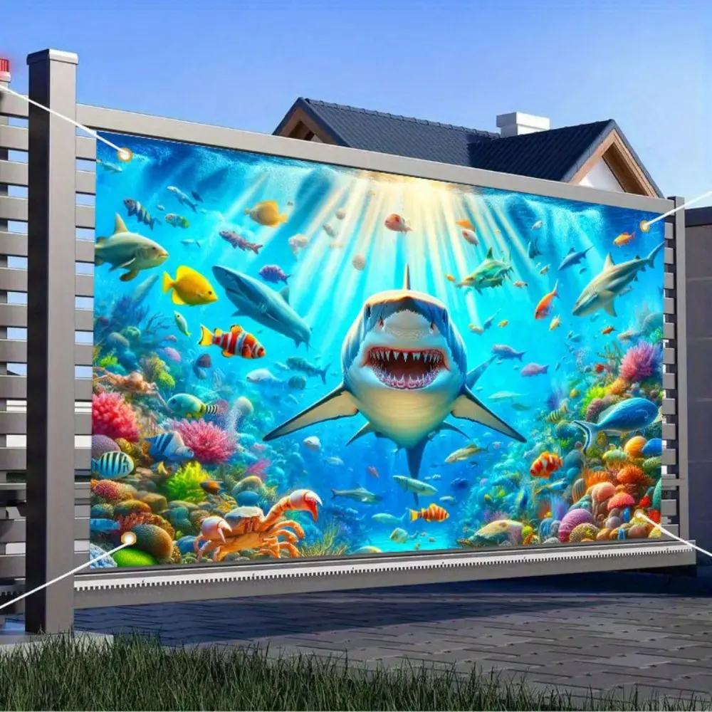 1PC, 2D Flat, cartoon fierce shark birthday background, 70.8x43.3inch polyester banner background cloth, indoor and outdoor photography, outdoor festivals and theme events, no power required