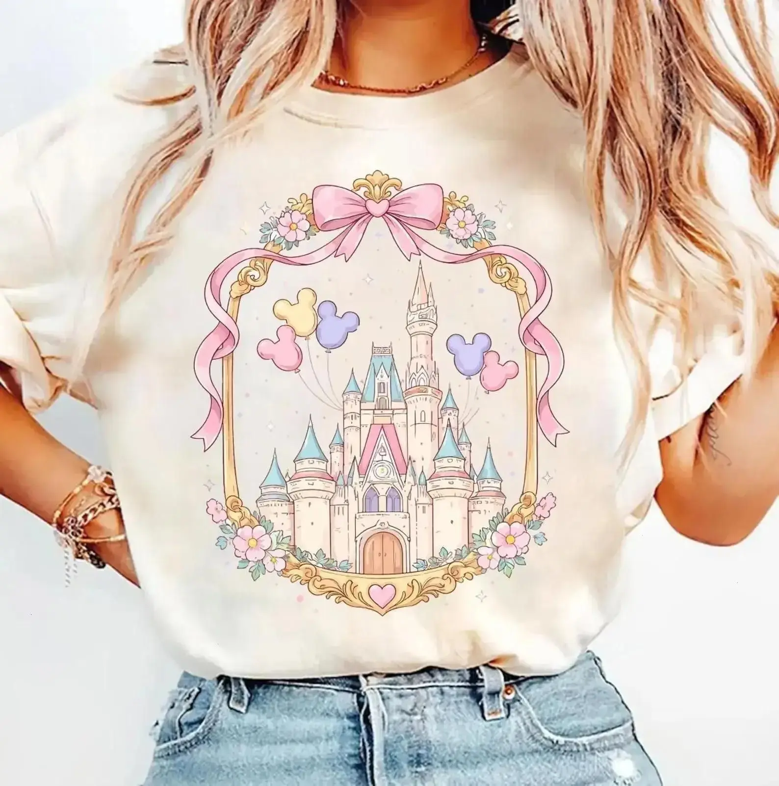 Retro WDW Castle Bow Shirt Cute Coquette Mickey Balloon Tee, Pastel Magic Kingdom Shirt, WDW Trip Tee, DisneyWorld Family Vacation Trip Tee