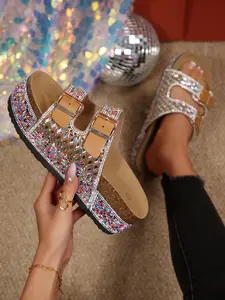 Women's Colorful Rhinestone Slippers, Ethnic Pattern PU Leather, Thick Sole Rubber, Fashionable Vacation Style, Height-Boosting Sandals, Beach Slippers