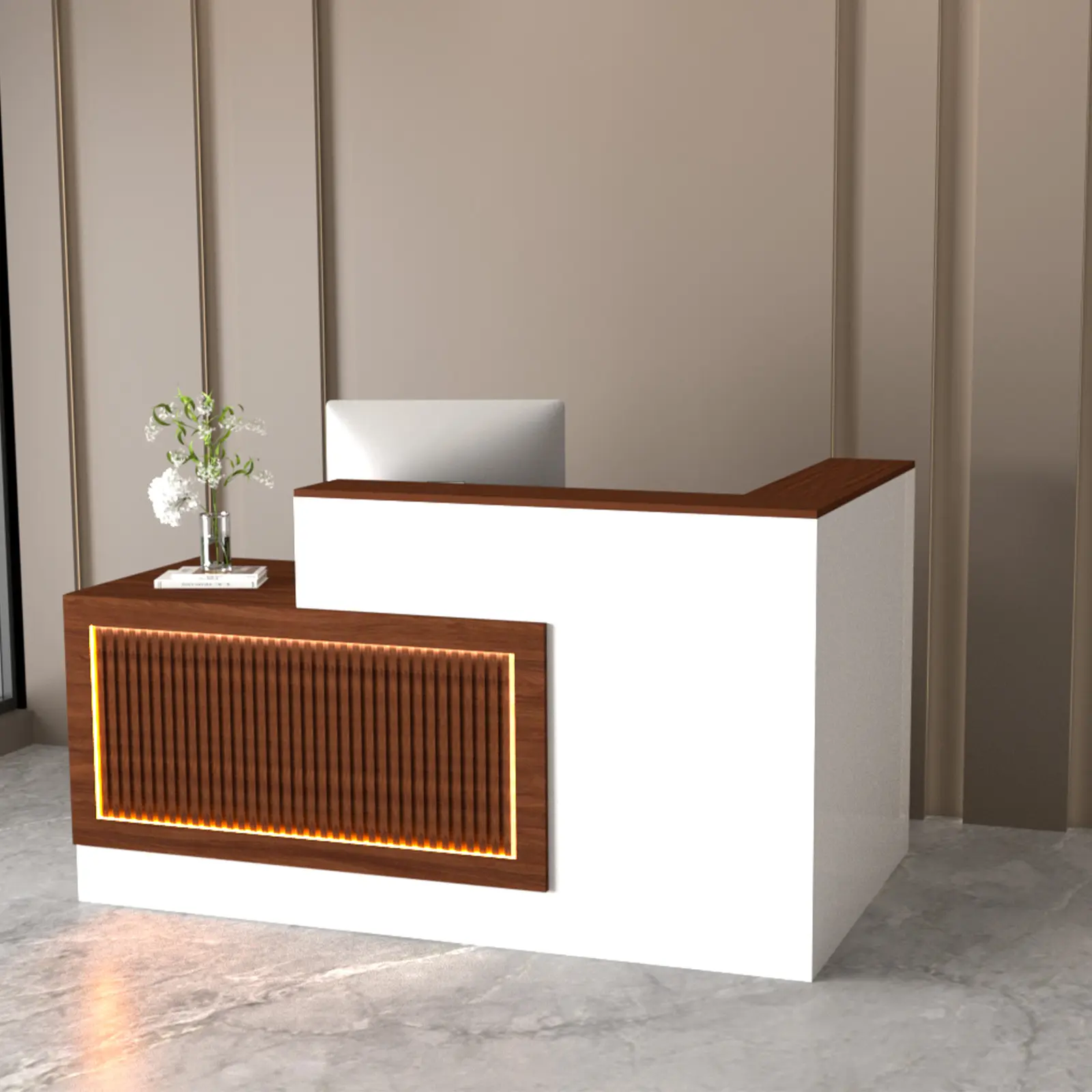 L-Shaped Reception Desk with Modern Design and Wood Accent Features Fire Safety Label Included for Contemporary Settings