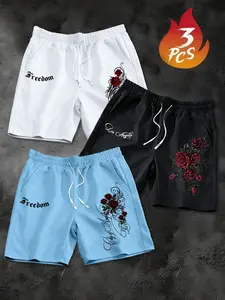 Men's Summer 3-Pack Retro Rose Gothic Shorts, Elastic Waistband with Drawstring, Adjustable Fit, Street Style, Value Pack