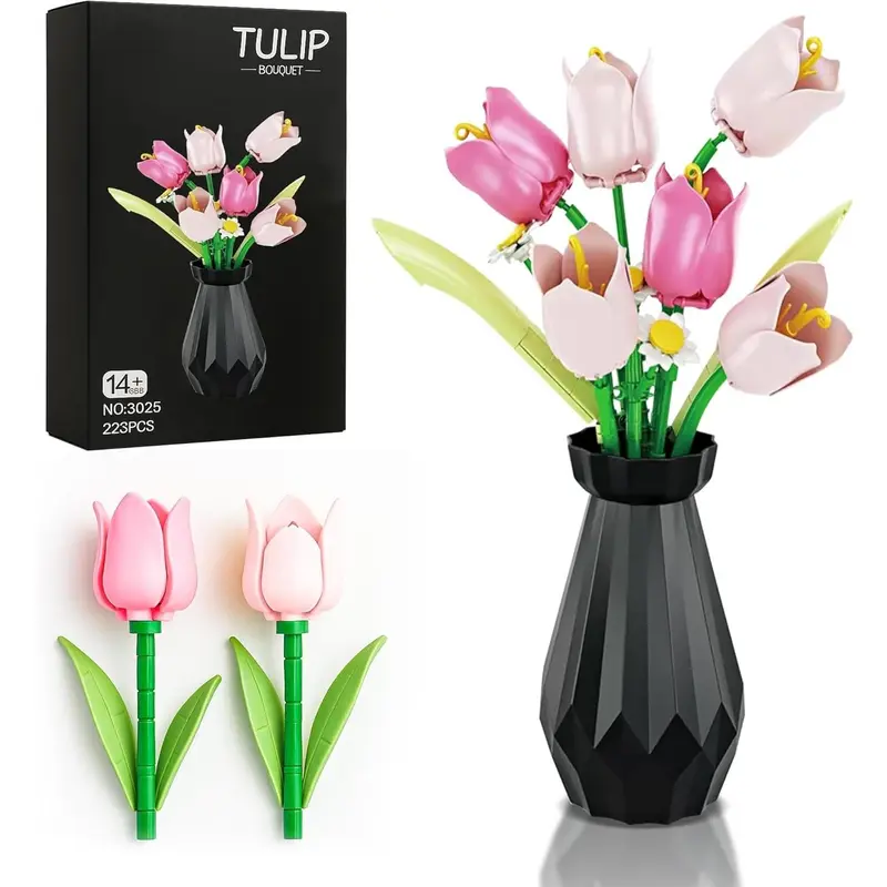 Tulip Flower Building Set - Lego-Compatible Artificial Flower Bouquet, Fake Indoor Plastic Faux Plants, Home/Office Decoration Ornaments, Great Gift for Adults (Vase Included)